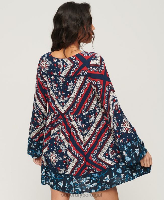 minivestido manga flare anos 60 mulheres azul roupas Superdry 2208H2094