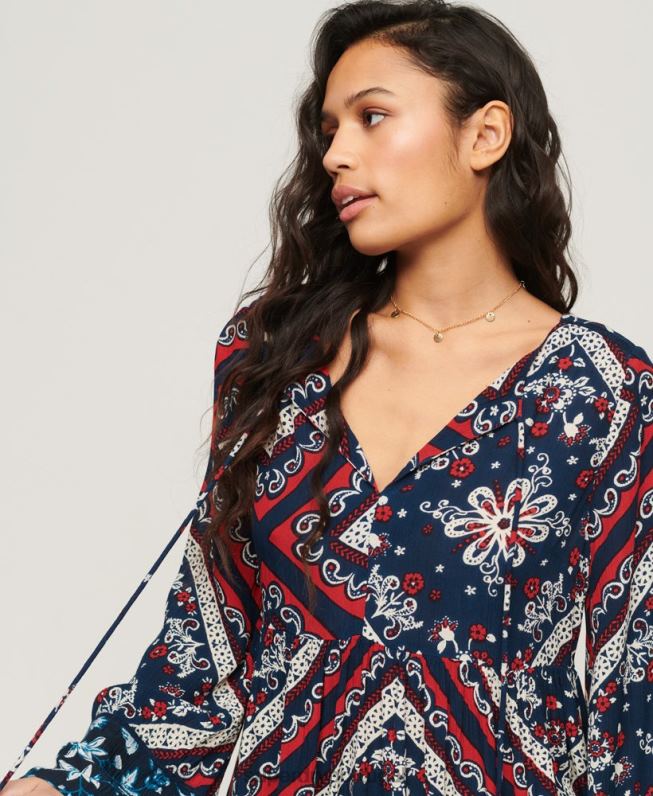 minivestido manga flare anos 60 mulheres azul roupas Superdry 2208H2094