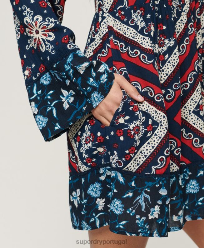 minivestido manga flare anos 60 mulheres azul roupas Superdry 2208H2094