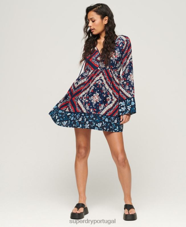 minivestido manga flare anos 60 mulheres azul roupas Superdry 2208H2094