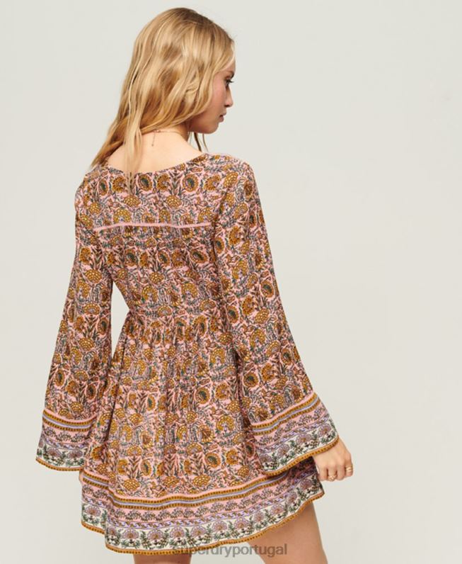 minivestido manga flare anos 60 mulheres rosa roupas Superdry 2208H2080