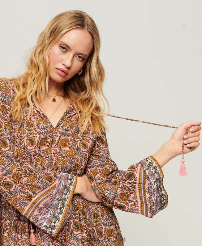 minivestido manga flare anos 60 mulheres rosa roupas Superdry 2208H2080