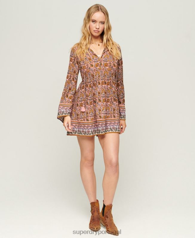 minivestido manga flare anos 60 mulheres rosa roupas Superdry 2208H2080