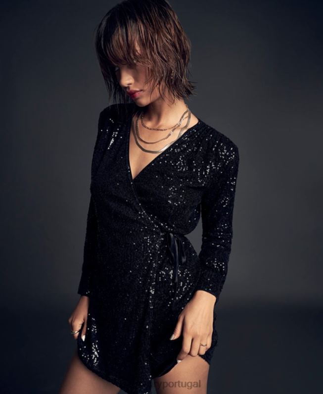 minivestido manga longa com lantejoulas mulheres preto roupas Superdry 2208H2446