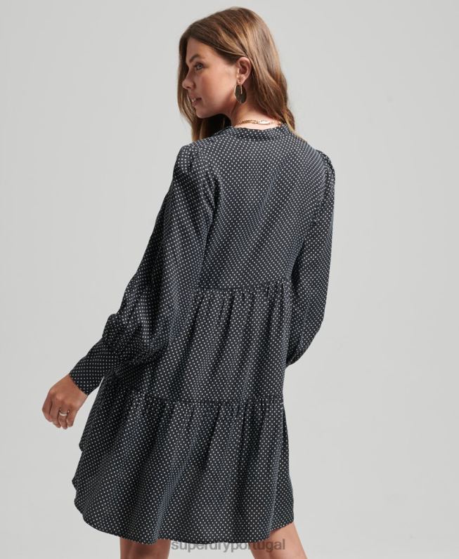 vestido cupro peplum mulheres preto roupas Superdry 2208H2444