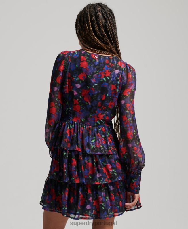 vestido de babados manga longa studios mulheres marinha roupas Superdry 2208H2520