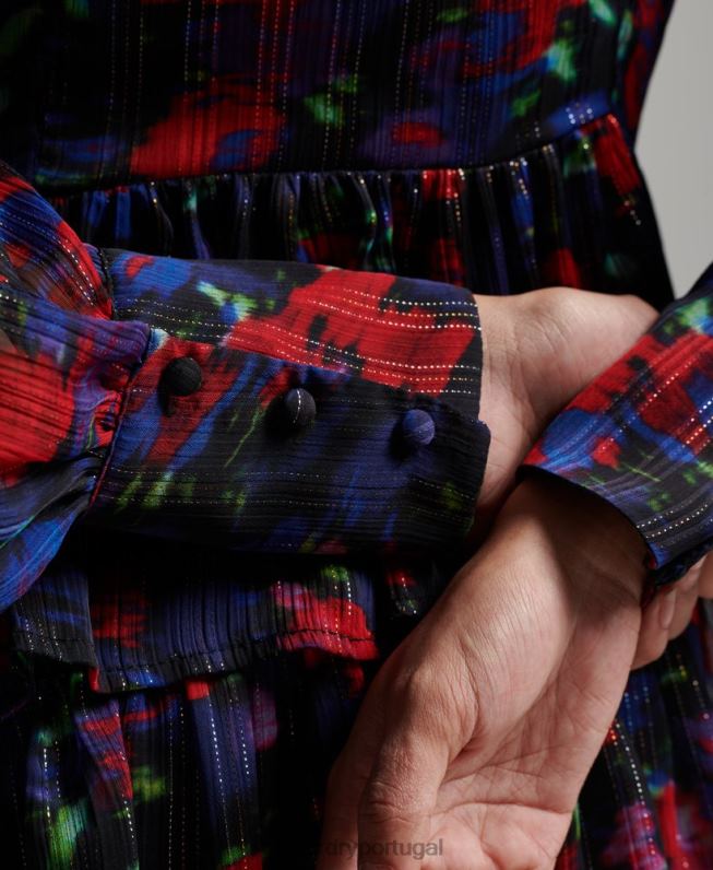 vestido de babados manga longa studios mulheres marinha roupas Superdry 2208H2520