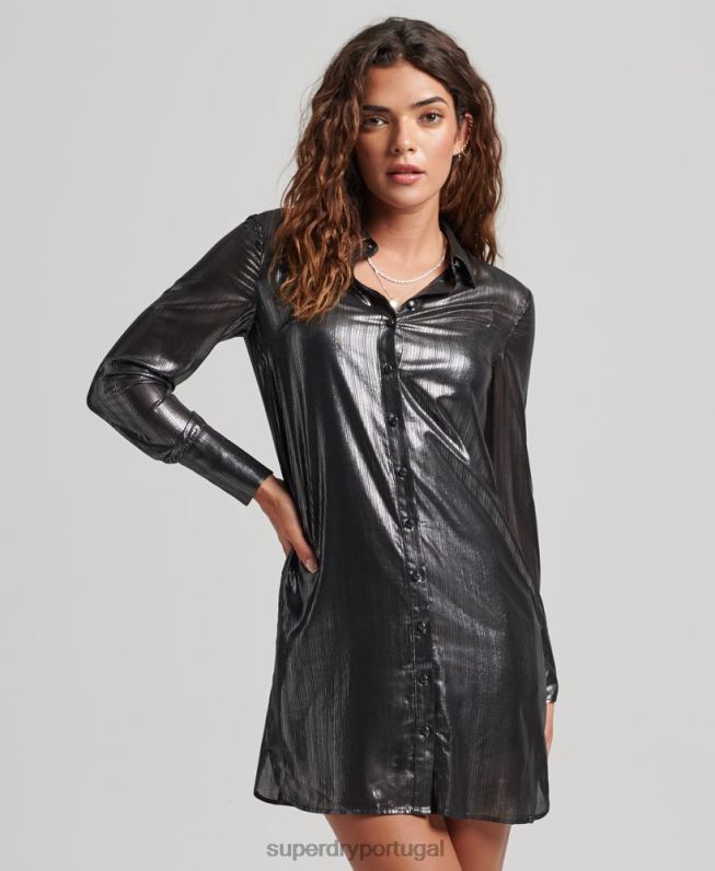 vestido de camisa brilhante mulheres preto roupas Superdry 2208H2551