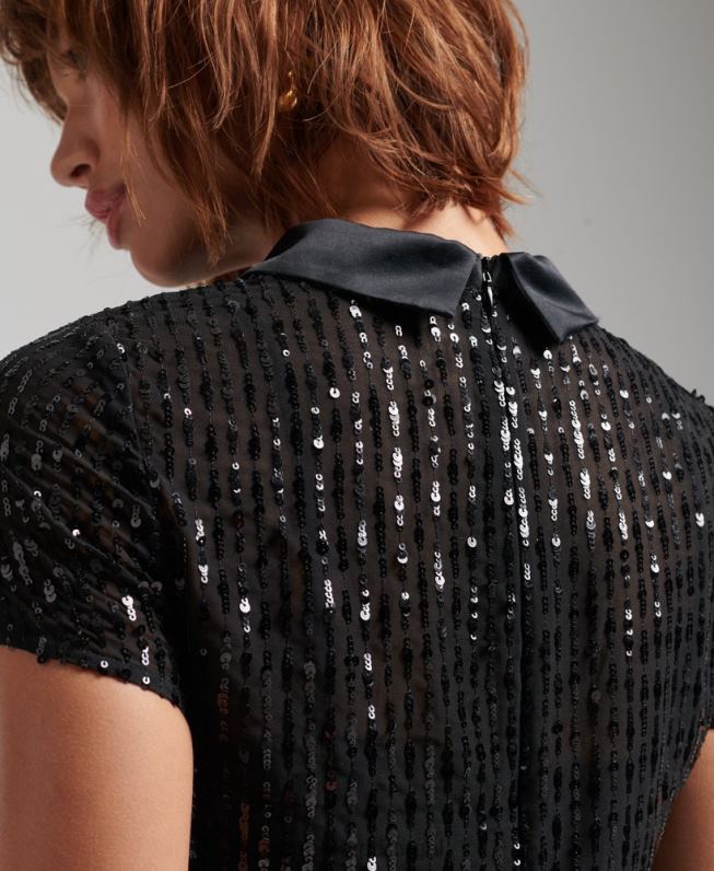 vestido de camiseta de lantejoulas gola mulheres preto roupas Superdry 2208H2497