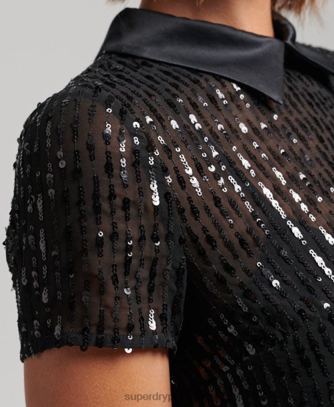 vestido de camiseta de lantejoulas gola mulheres preto roupas Superdry 2208H2497