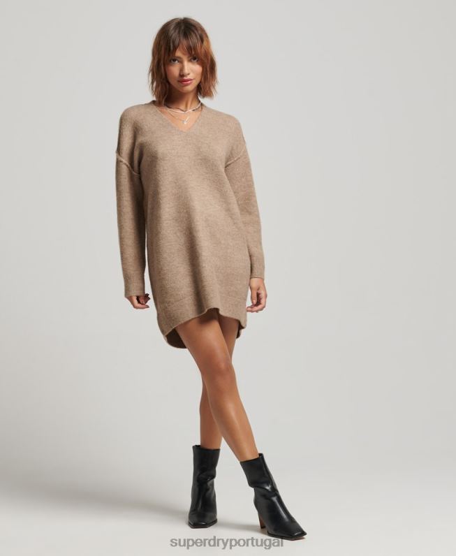 vestido de malha com decote v mulheres bege roupas Superdry 2208H2421