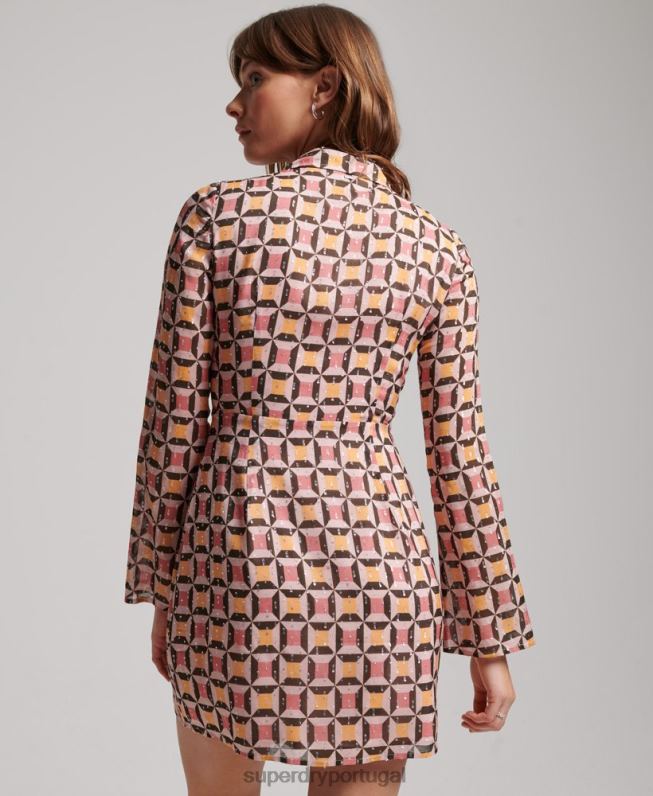 vestido de mini camisa impressa mulheres rosa roupas Superdry 2208H2469