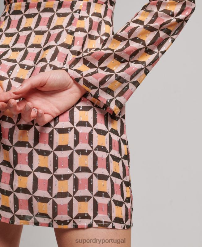 vestido de mini camisa impressa mulheres rosa roupas Superdry 2208H2469