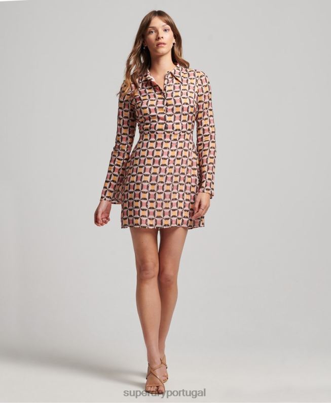 vestido de mini camisa impressa mulheres rosa roupas Superdry 2208H2469