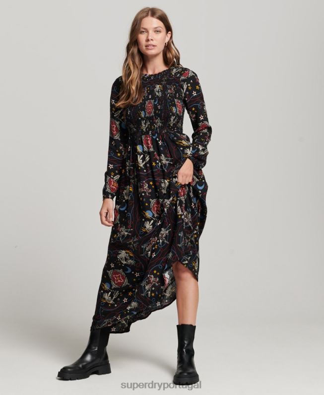 vestido longo smocked mulheres preto roupas Superdry 2208H6718