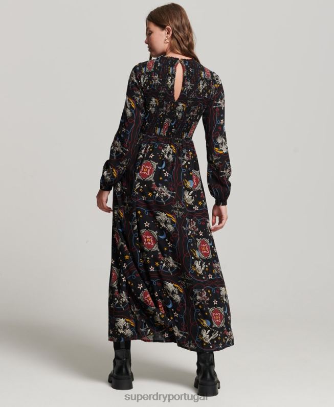 vestido longo smocked mulheres preto roupas Superdry 2208H6718