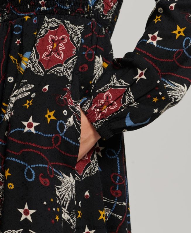 vestido longo smocked mulheres preto roupas Superdry 2208H6718