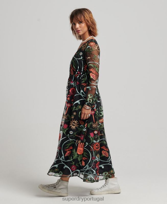 vestido maxi de malha de manga longa mulheres preto roupas Superdry 2208H2414