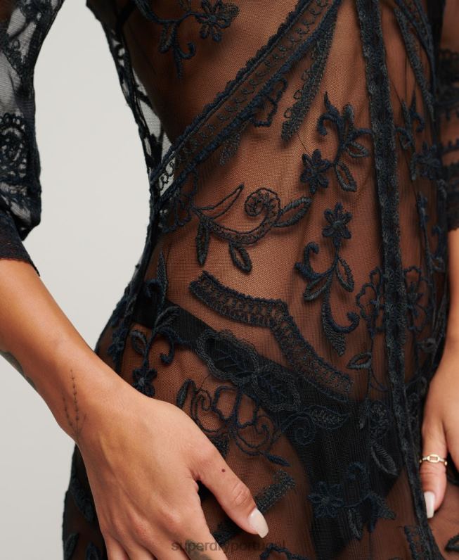 vestido maxi de renda de cobertura de praia mulheres preto roupas Superdry 2208H2272