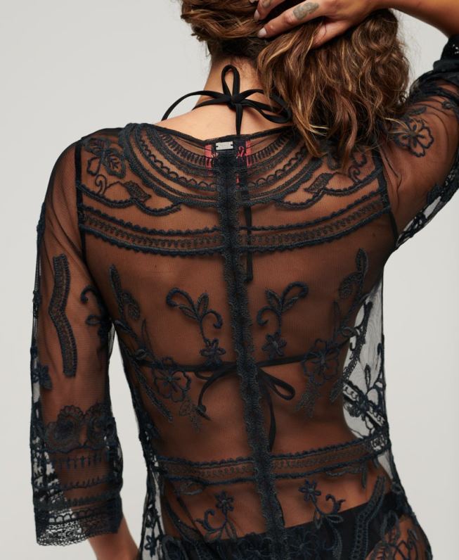 vestido maxi de renda de cobertura de praia mulheres preto roupas Superdry 2208H2272