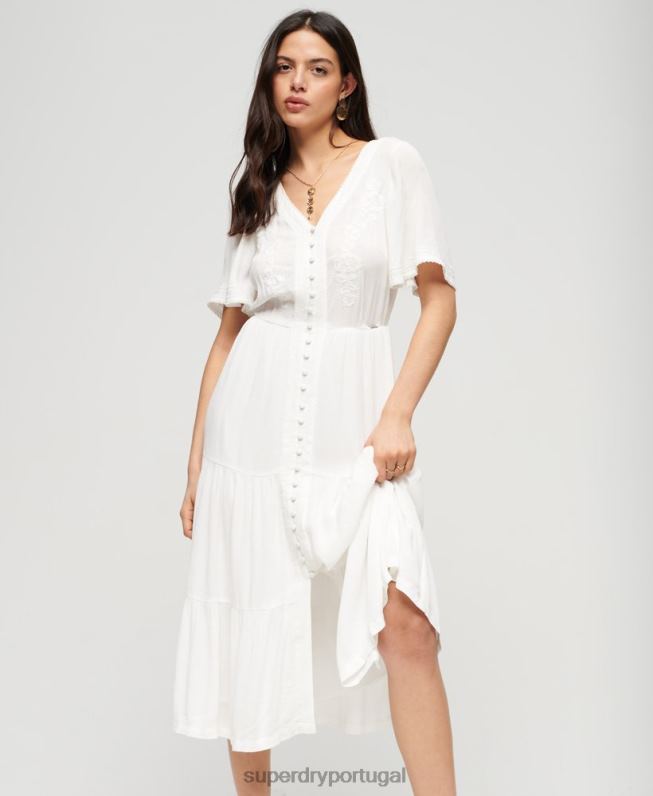 vestido midi bordado em camadas mulheres branco roupas Superdry 2208H1985