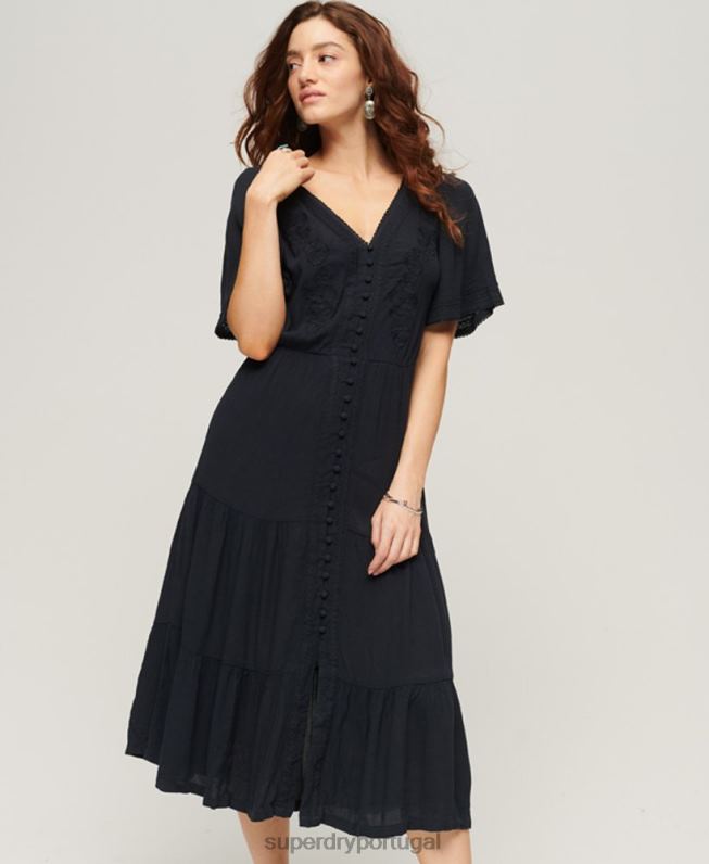 vestido midi bordado em camadas mulheres marinha roupas Superdry 2208H2236