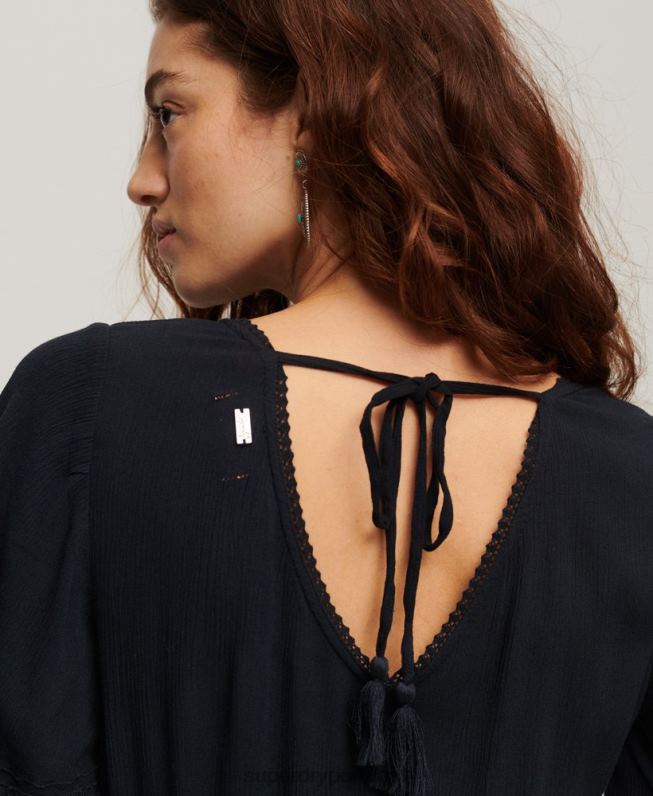 vestido midi bordado em camadas mulheres marinha roupas Superdry 2208H2236