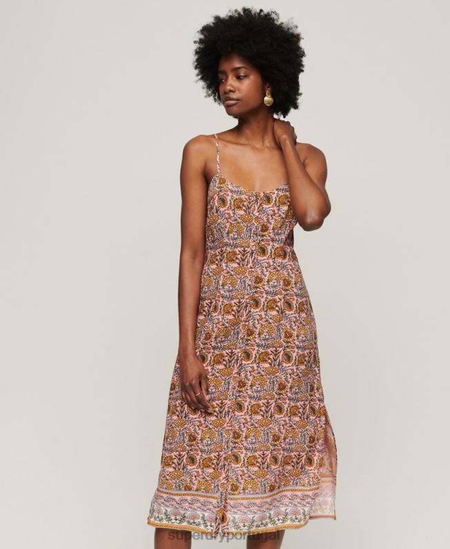 vestido midi cami botão estampado mulheres rosa roupas Superdry 2208H2009