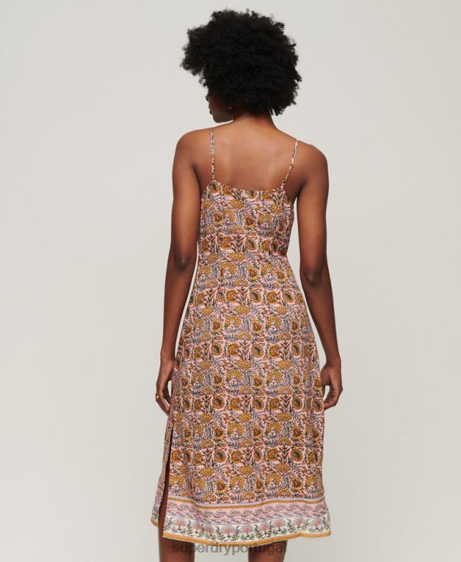 vestido midi cami botão estampado mulheres rosa roupas Superdry 2208H2009