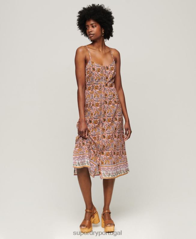 vestido midi cami botão estampado mulheres rosa roupas Superdry 2208H2009