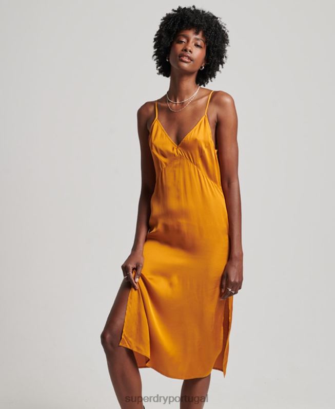 vestido midi cami de cetim mulheres laranja roupas Superdry 2208H2500
