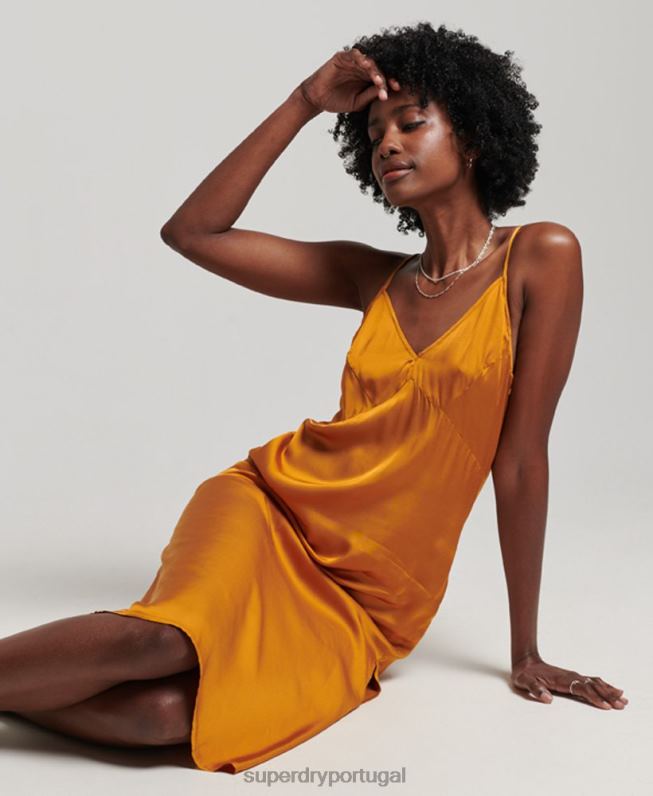 vestido midi cami de cetim mulheres laranja roupas Superdry 2208H2500