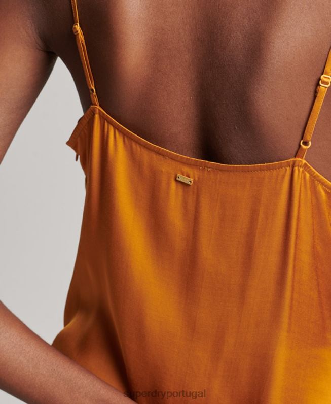 vestido midi cami de cetim mulheres laranja roupas Superdry 2208H2500
