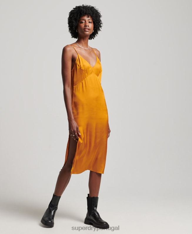 vestido midi cami de cetim mulheres laranja roupas Superdry 2208H2500