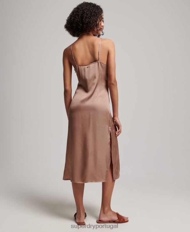 vestido midi cami de cetim mulheres marrom roupas Superdry 2208H2377