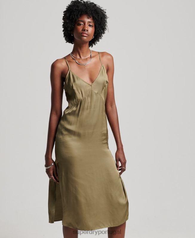 vestido midi cami de cetim mulheres verde roupas Superdry 2208H2394