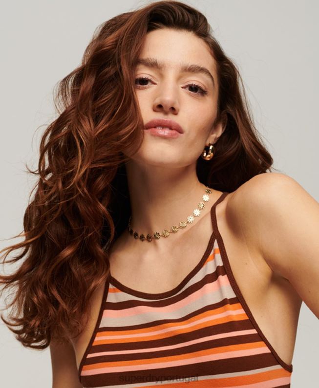 vestido midi cami listrado em jérsei mulheres marrom roupas Superdry 2208H2046