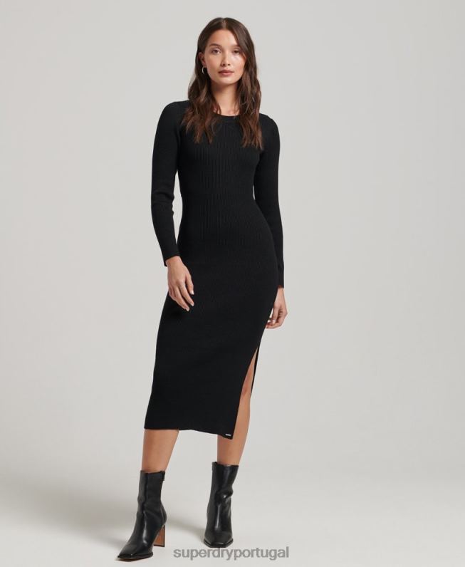 vestido midi de malha sem costas mulheres preto roupas Superdry 2208H6662