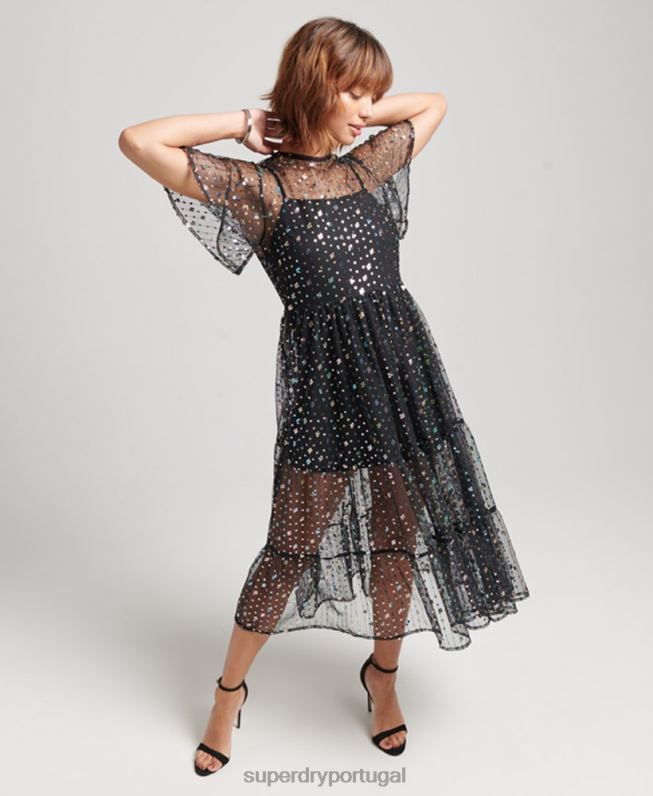 vestido midi de paetê transparente mulheres preto roupas Superdry 2208H2545