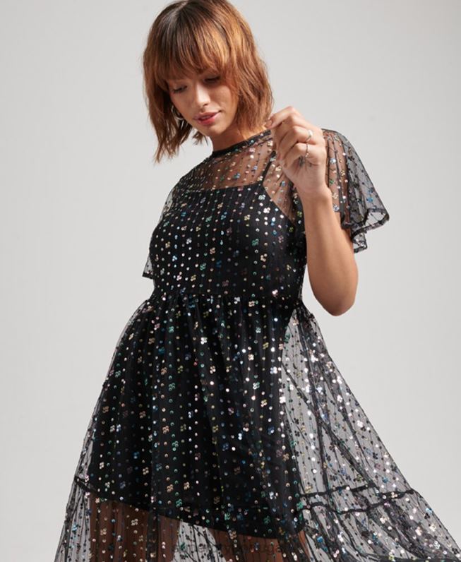 vestido midi de paetê transparente mulheres preto roupas Superdry 2208H2545