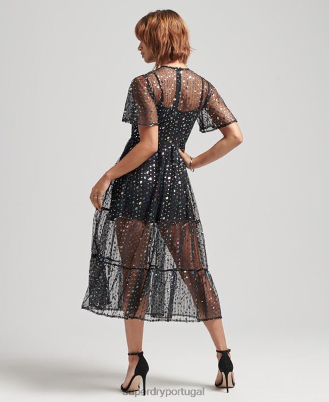 vestido midi de paetê transparente mulheres preto roupas Superdry 2208H2545