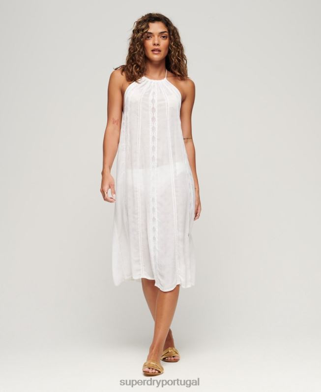 vestido midi gola alta mulheres branco roupas Superdry 2208H2069