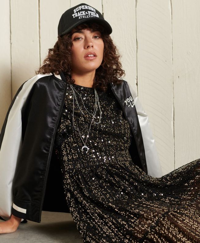 vestido midi manga curta com paetê mulheres preto roupas Superdry 2208H2523