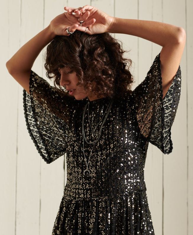 vestido midi manga curta com paetê mulheres preto roupas Superdry 2208H2523