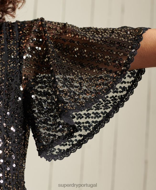 vestido midi manga curta com paetê mulheres preto roupas Superdry 2208H2523