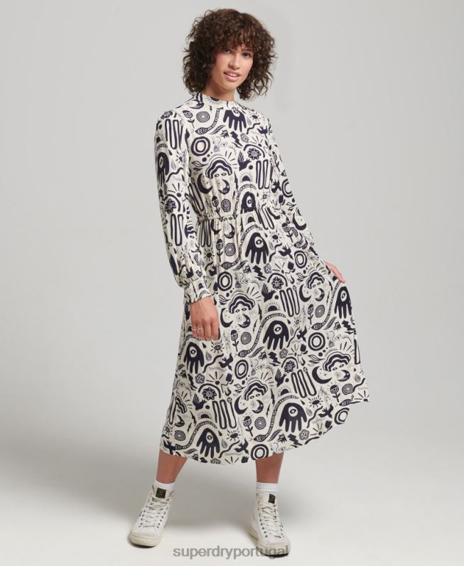 vestido midi manga longa estampado mulheres creme roupas Superdry 2208H6707