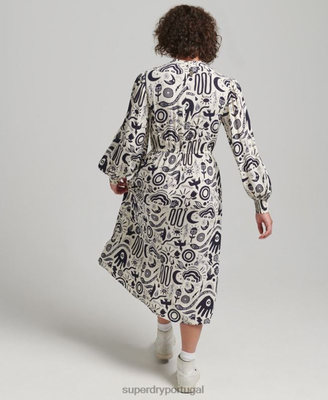vestido midi manga longa estampado mulheres creme roupas Superdry 2208H6707