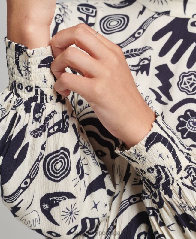 vestido midi manga longa estampado mulheres creme roupas Superdry 2208H6707