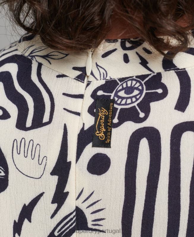 vestido midi manga longa estampado mulheres creme roupas Superdry 2208H6707