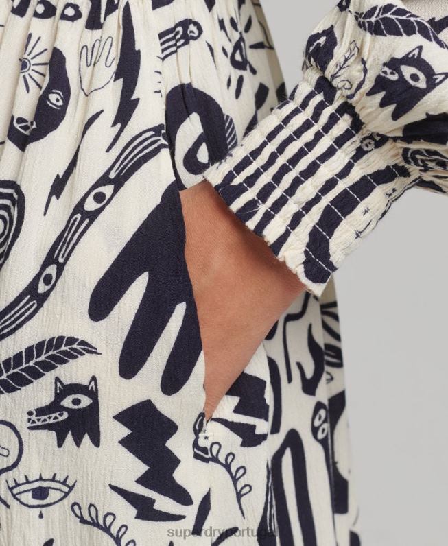 vestido midi manga longa estampado mulheres creme roupas Superdry 2208H6707